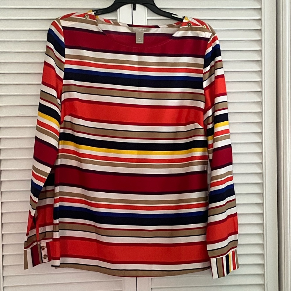 Banana Republic Red Navy Black Blue Yellow Taupe White Striped  Blouse